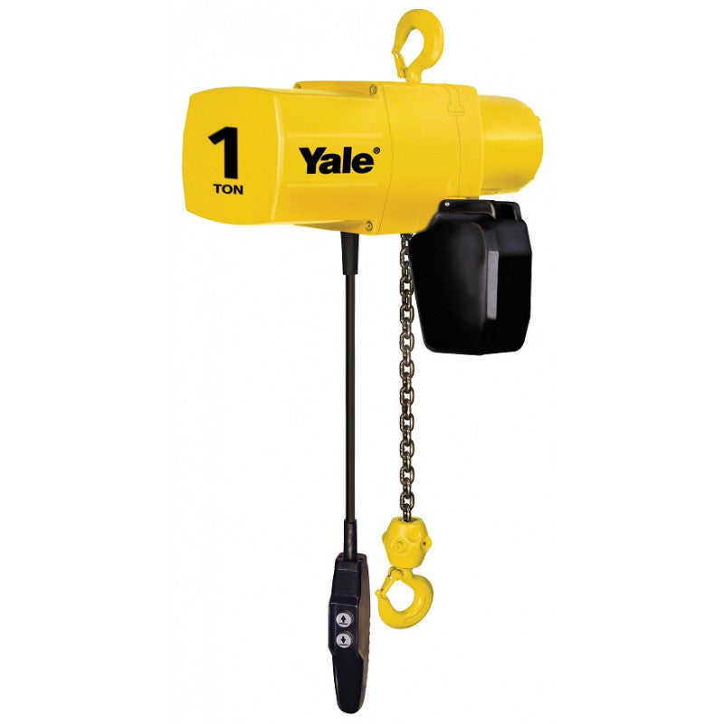 Polipasto Eléctrico Cadena Yale YJL cap.2 ton  Con Gancho fijo de suspensión. Izaje 6 mts. 2 Ramales de cadena. Velocidad de elevación: 2.4 mpm. Botonera 2 mov. + paro con cable de mando a 5.5 mts. Voltaje: 440v 3 fases