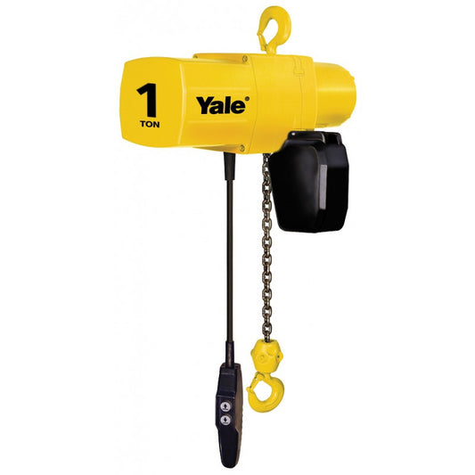 Polipasto Eléctrico Cadena Yale YJL cap.2 ton  Con Gancho fijo de suspensión. Izaje 6 mts. 2 Ramales de cadena. Velocidad de elevación: 2.4 mpm. Botonera 2 mov. + paro con cable de mando a 5.5 mts. Voltaje: 440v 3 fases